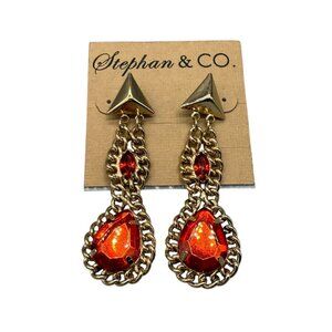 Stephan & Co. Red Rhinestone Crystal Chain Dangle Drop Earrings Gold Tone